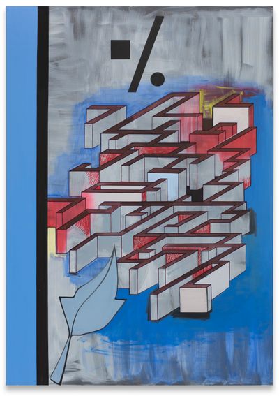 Thomas Scheibit, Labyrinth (2022). Oil, vinyl, and pigment marker on canvas. 240 x 170 cm. © Thomas Scheibitz/VG Bild-Kunst, Bonn 2022.