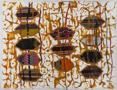Maria Madeira, Lips to Kiss and Don't Tell (Ibun Kulit ba Rei no Labele Koalia) – Study III (2023). Tais (traditional East Timorese cloth), red earth, glue, and sealer on paper. 22 x 29 cm.