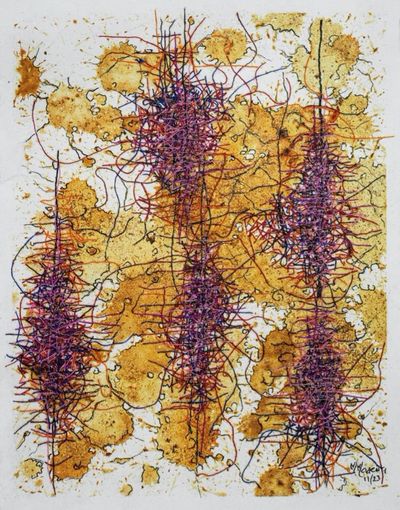 Maria Madeira, Untitled I (2023). Mixed media on paper – betel nut, tais (traditional East Timorese cloth), ink, glue, and sealer. 22 x 29 cm.