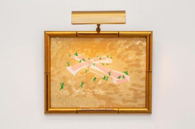 Paul Thek, Pink Cross and Green Buds (1975–1980). Oil on canvas board with artist's frame and picture light. 30.5 x 41 cm (unframed).