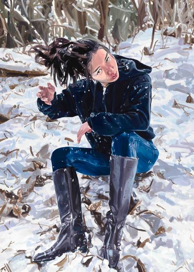 Miryu Yoon, Brushing Off 1 (2023). Oil on canvas, 227.3 x 181.8 cm.