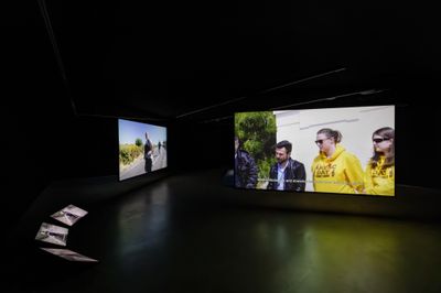 Köken Ergun, HEROES, DEAD, TOURISM (2024). Multi-channel video installation. Exhibition view: 24th Biennale of Sydney, Ten Thousand Suns, UNSW Galleries (9 March–10 June 2024). Photo: Jacquie Manning.
