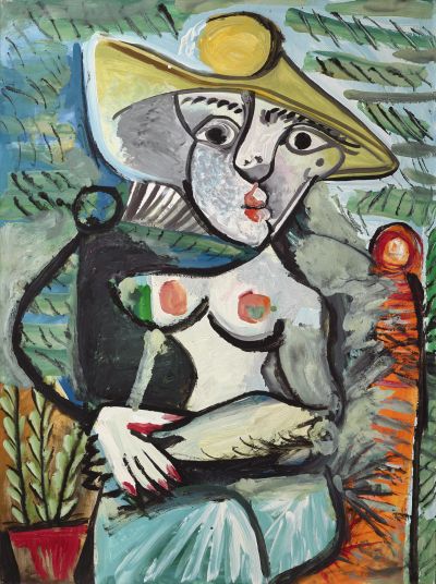 Pablo Picasso, Femme au chapeau assise (1971). Oil and Ripolin on canvas, 130 x 97.1 cm.
