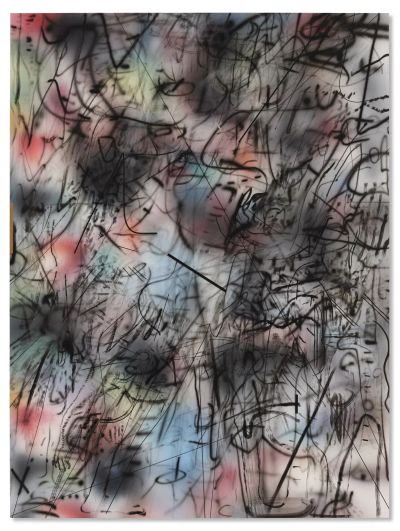 Julie Mehretu, Mumbaphilia (J.E.) (2018). Acrylic and ink on canvas, 243.8 x 182.9 cm.