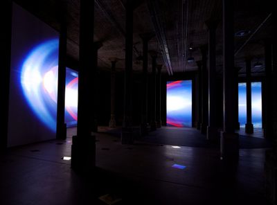 Installation of Angelica Mesiti, The Rites of When (2024). Seven-channel digital video installation, colour, sound. Approx. 30 min. Collection of the artist, commissioned by the Art Gallery of New South Wales for the Nelson Packer Tank, 2024.