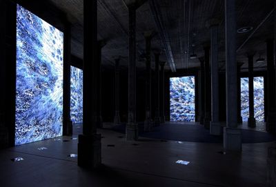 Installation of Angelica Mesiti, The Rites of When (2024). Seven-channel digital video installation, colour, sound. Approx. 30 min. Collection of the artist, commissioned by the Art Gallery of New South Wales for the Nelson Packer Tank, 2024.