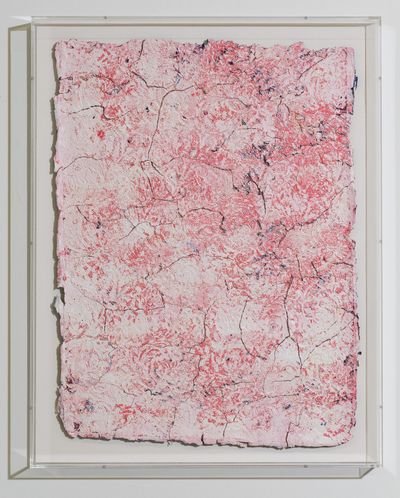 Kanchana Gupta, Open and Close #21 (2024). Oil paint skin burnt and stripped off, French machine-made lace. 78 x 61 cm (framed).