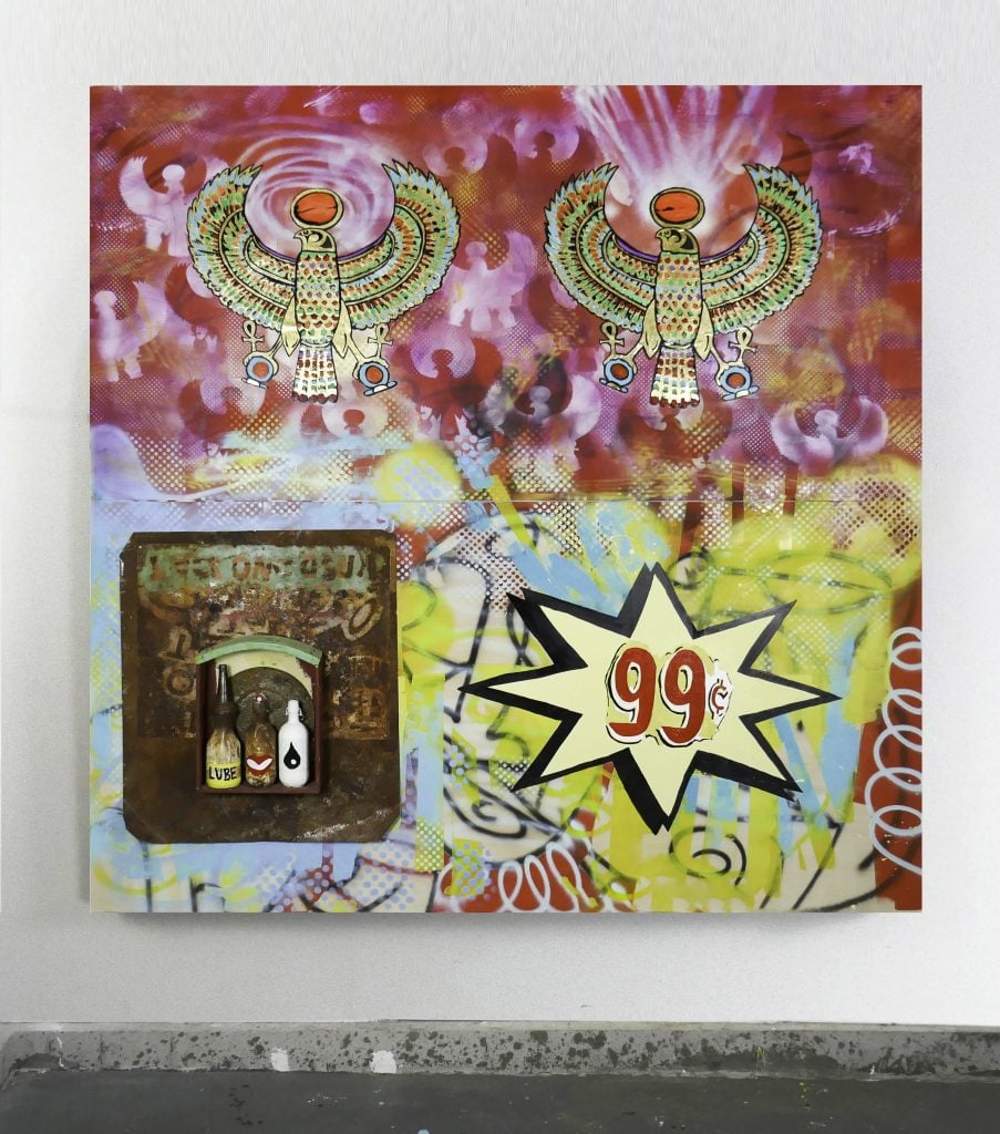 An artwork by Navin Norling who is included in a special project for Atlanta Art Fair. Created with spray paint two Egyptian style birds side by side at top and a 99¢ sign at the bottom right.