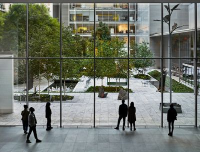 View from the Agnes Gund Garden Lobby looking out onto the Abby Aldrich Rockefeller Sculpture Garden.