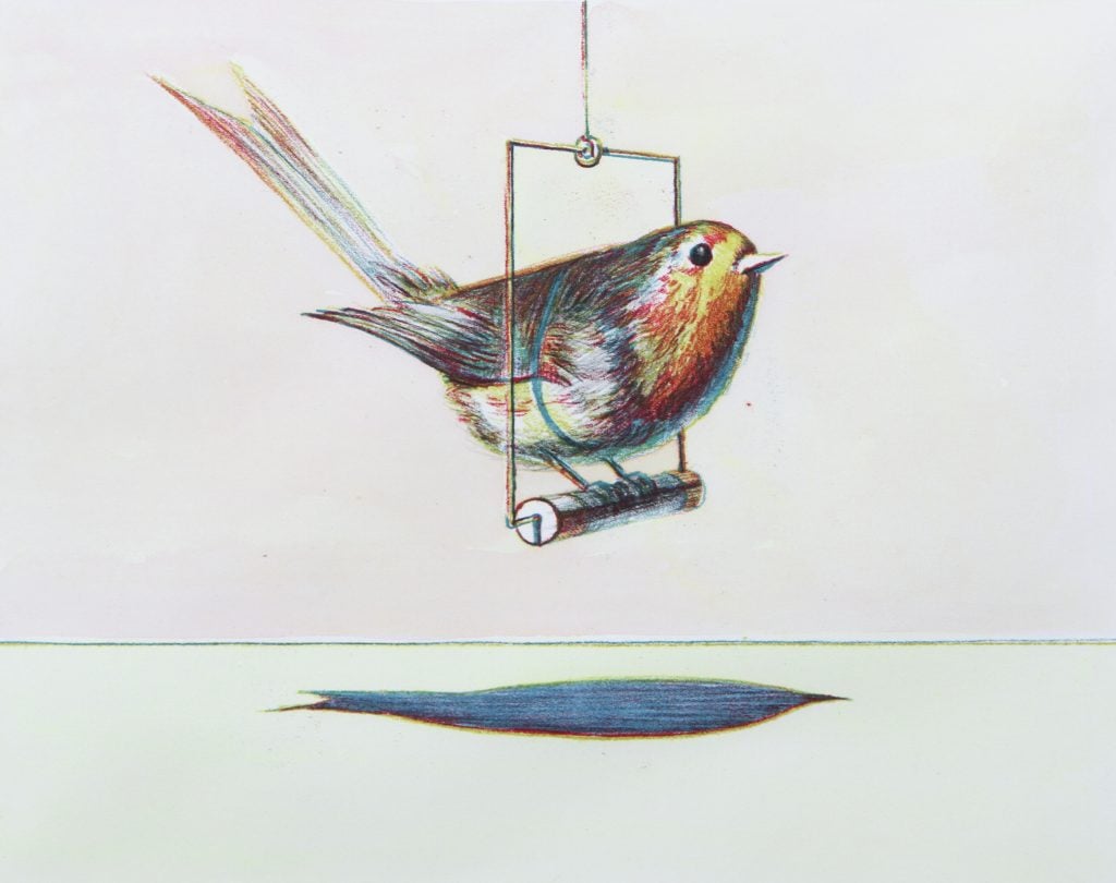 Wayne Thiebaud, Bird on a Swing (1979). An etching and aquatint in colors of a small yellow and brown bird on a swing against a white background. It recalls the Carel Fabritius painting "The Goldfinch."