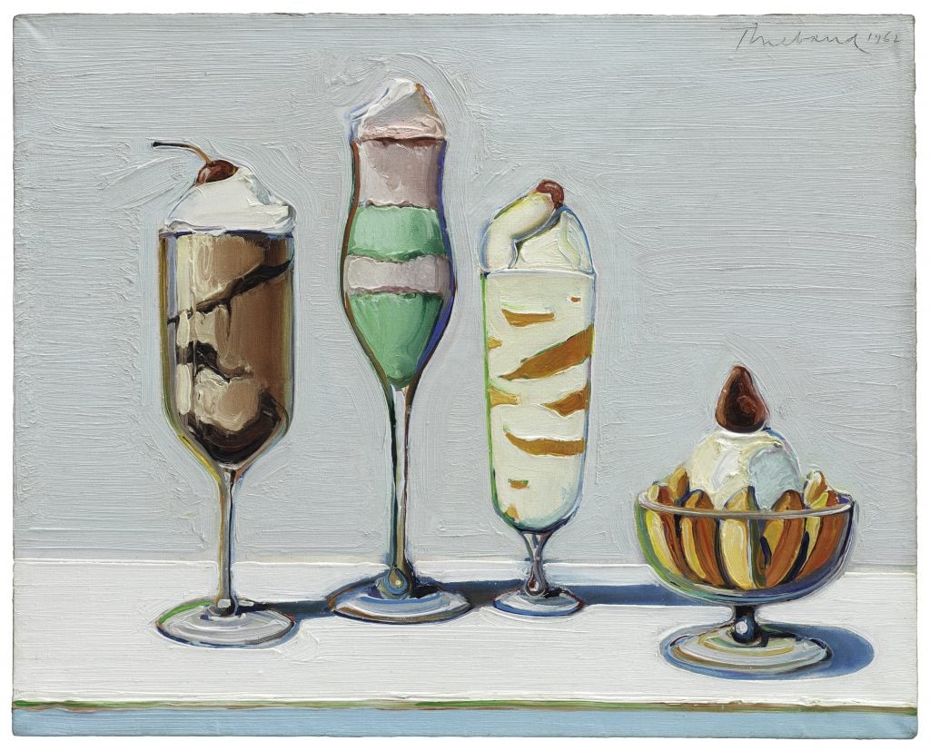 Wayne Thiebaud, Confections (1962). A still life of three parfait desserts and an ice cream sundae. 