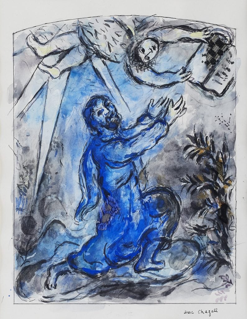 Marc Chagall's blue-toned sketch of prophet Ezekiel kneeling to receive the word of god from an angel