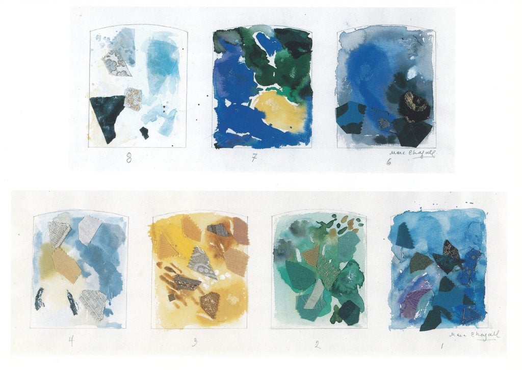 Seven squares of various colors, each formed with paint splotches and fabric swatches