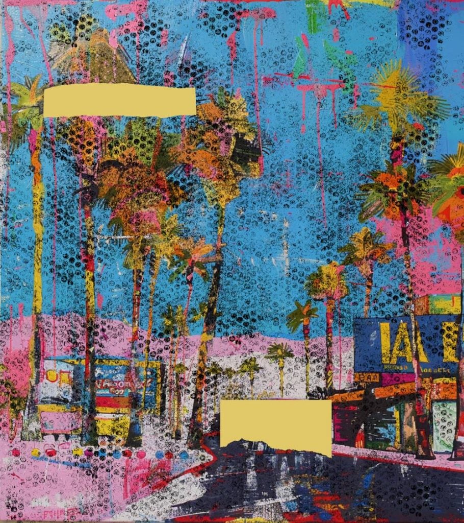 A pastel-colored painting of a storefront and palm trees, overlayed with circular patterning