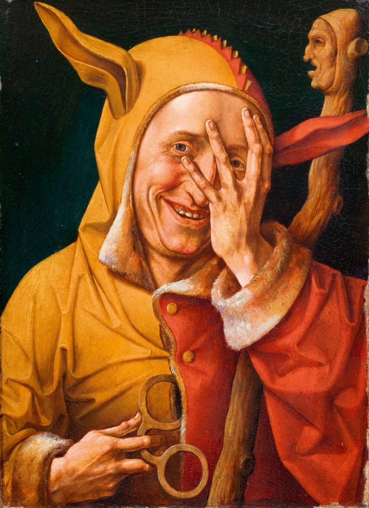 Painting of a man in a jester's costume peeking through his fingers