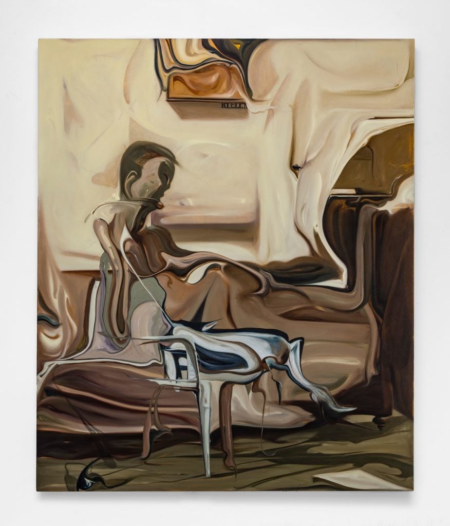 A distorted, abstract painting depicts a seated figure and surrounding furniture, with melted, fluid forms and muted earth tones blending together in a surreal, dreamlike scene