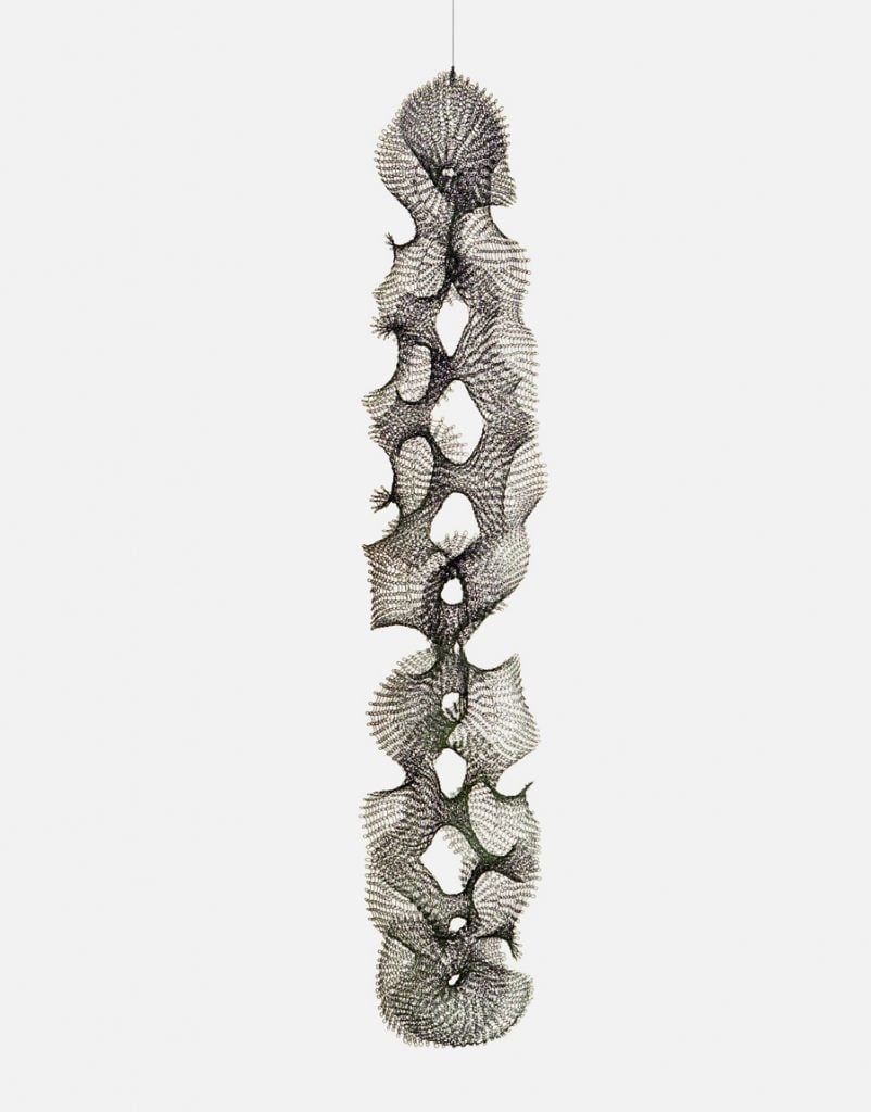 Ruth Asawa, Untitled (S.433, Hanging Nine Open Hyperbolic Shapes Joined Laterally), a sculpture of handing woven wire with looped openings. 