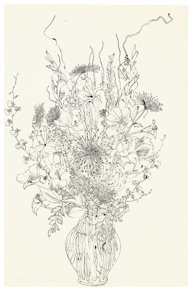 Ruth Asawa line drawing of a beautiful bouquet of wild flowers. 