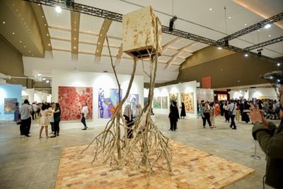 Syaiful Garibaldi's Antara Muara (2024). Wood, mycelium leather. 400 x 250 x 250 cm.