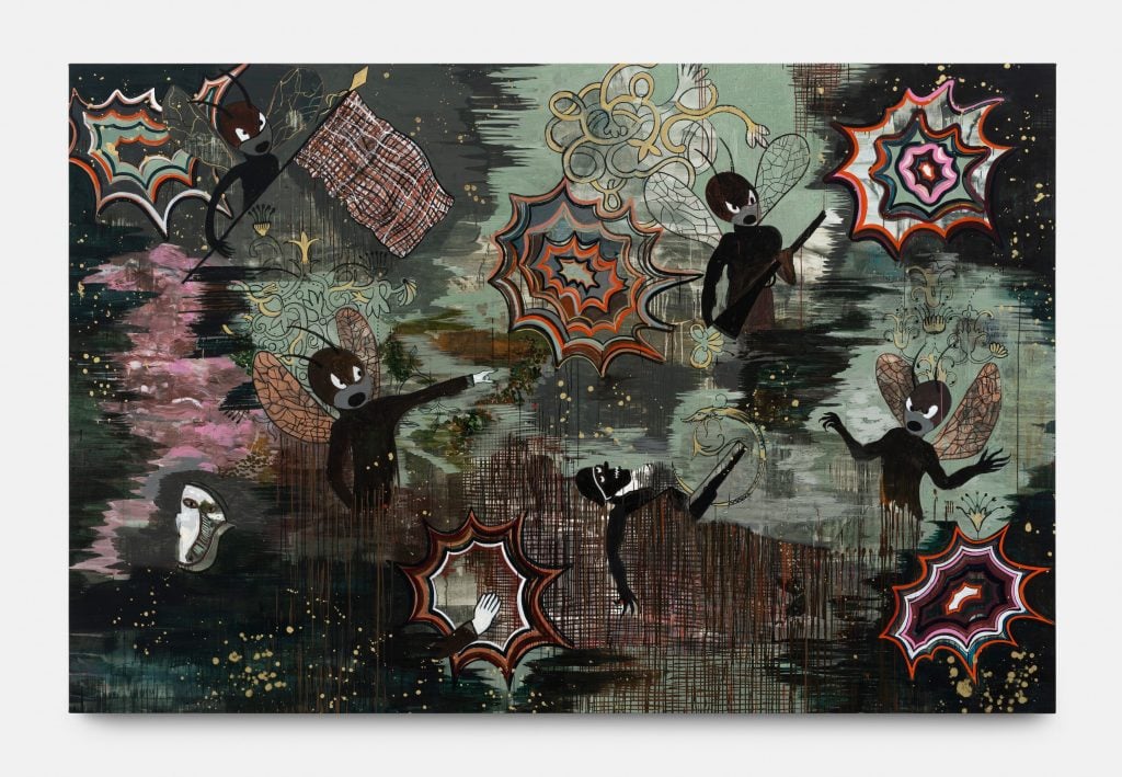 Hélène Delprat Peinture - catastrophe (2023) Pigment, acrylic binder and glitter on canvas 250 x 380 x 4 cm / 98 3/8 x 149 5/8 x 1 5/8 in © Hélène Delprat, ADAGP, Paris, 2024. Courtesy the artist and Hauser & Wirth. Photo: Nicolas Brasseur