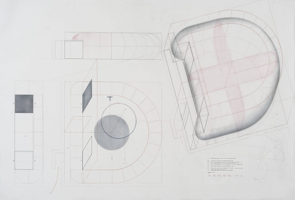 a schematic drawing has geometric shapes in graphite and pink ink