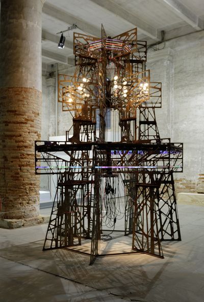 Lee Bul, Aubade V (2019). Casted steel (collected from a demolished checkpoint at the DMZ), Optium museum acrylic, electronic display board, LED light (bulb, strip, bar), LED socket, conversion socket, CPU,DC-SMPS, dimmer (DC, AC), terminal box, magnet, black PVC coated wire, black and transparent electric wire.