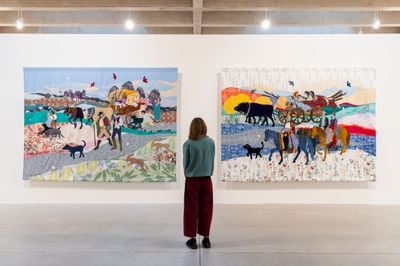 Małgorzata Mirga-Tas, Dromeskri Zuta (On the Journey) (2024); Still on the Journey (2024). Exhibition view: Małgorzata Mirga-Tas, Tate St Ives (19 October 2024–5 January 2025).