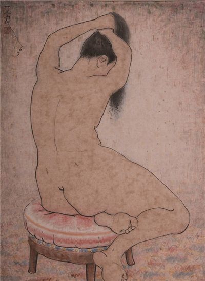 Pan Yuliang, Seated Female Figure, Combing (1963). Colour ink on paper. 90 x 64 cm.