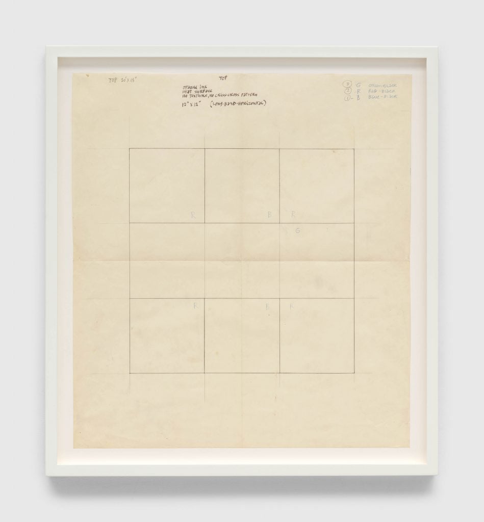 a schematic drawing show's an in-progress Ad Reinhardt print 