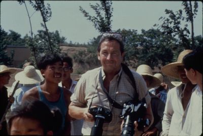 Robert Rauschenberg on the road to the world's oldest paper mill in Anhui, taking photographs for his hundred-foot colour photo Chinese Summerhall (1982). Donald Saff records on Rauschenberg Overseas Culture Interchange (ROCI). Robert Rauschenberg Foundation Archives, New York.