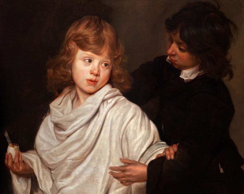 a painting of two children one holding an egg