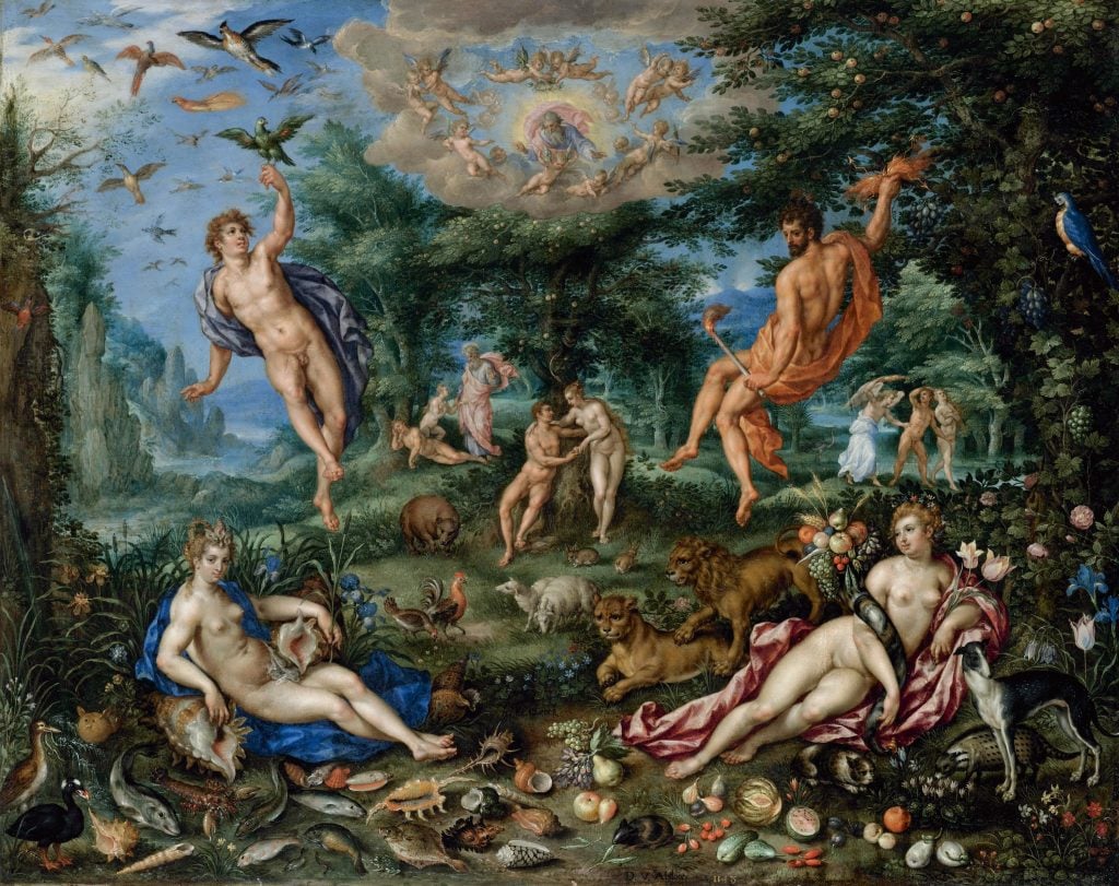 a mythological painting with adam and eve at center and personifications of air, fire, water, and earth