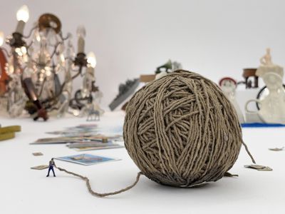 Liliana Porter, La barrendera (2023) (detail). Figures, objects, sand, instruments, lamp. Dimensions variable.