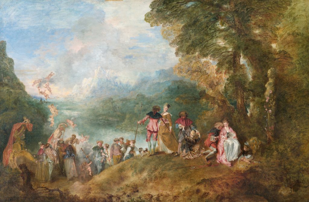 a painting of a group of people seated on a meadow overlooking a lake underneath a blue sky inside a lush forest