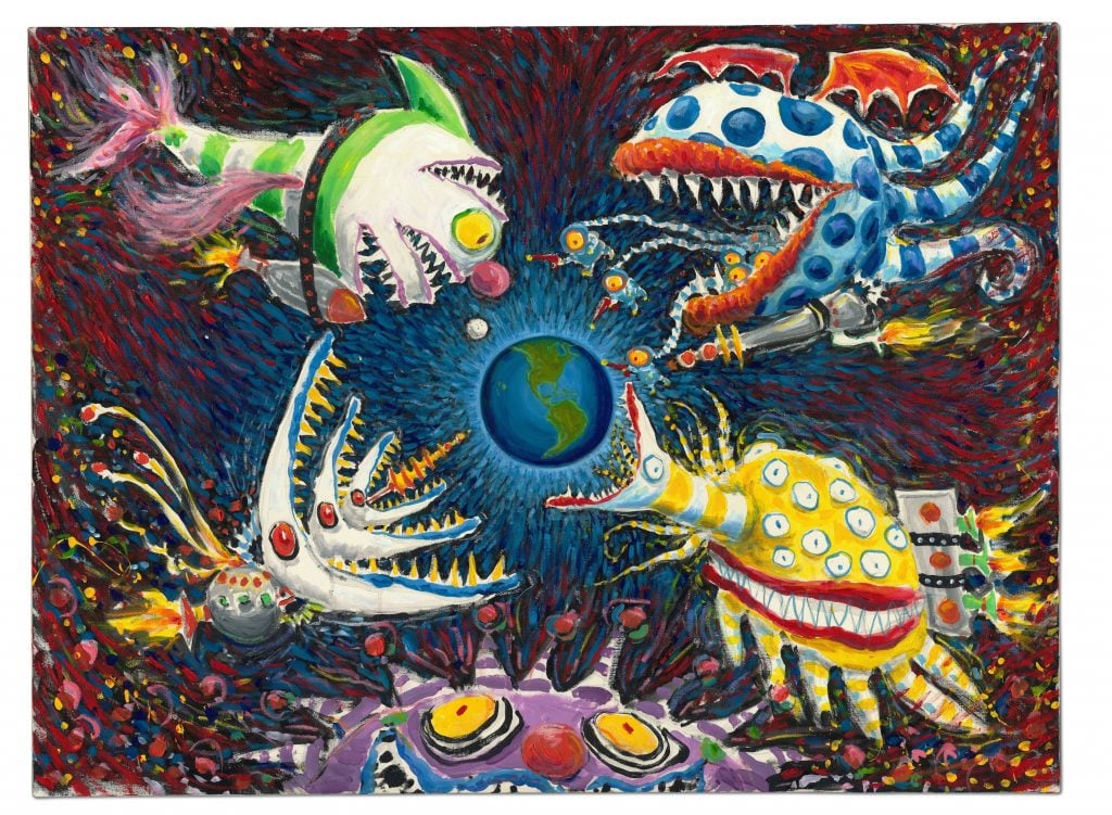 A drawing of four colorful monster looking fishes coming from four corners approaching the Earth sitting in the centre of the drawing. A purple monster at the bottom smiling. The drawing has a dark red backdrop.