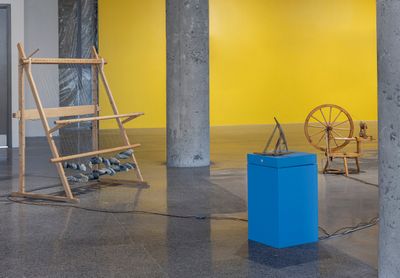 Elina Waage Mikalsen, Mun bijan iežan beallji ránu beallji vuostá - I lay my ear against the weave's ear (2019). Exhibition view: Precarious Joys, Toronto Biennial of Art, The Auto BLDG, 9th Floor (21 September–1 December 2024).