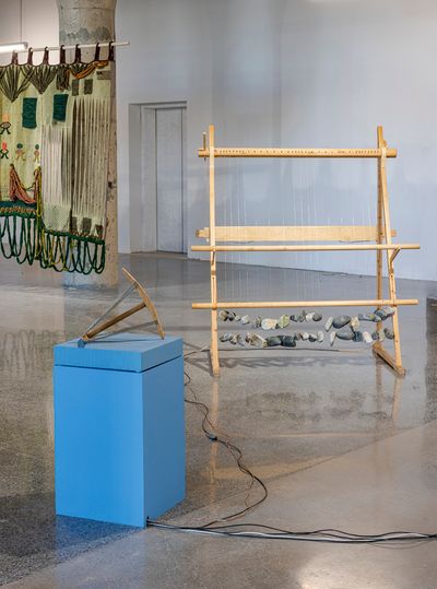 Elina Waage Mikalsen, Mun bijan iežan beallji ránu beallji vuostá - I lay my ear against the weave's ear (2019). Exhibition view: Precarious Joys, Toronto Biennial of Art, The Auto BLDG, 9th Floor (21 September–1 December 2024).