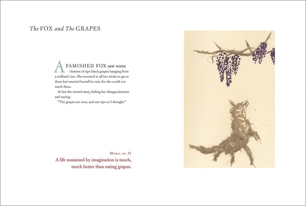 An image of a book spread with text on the left and an image of a fox trying to eat grapes hanging from a branch