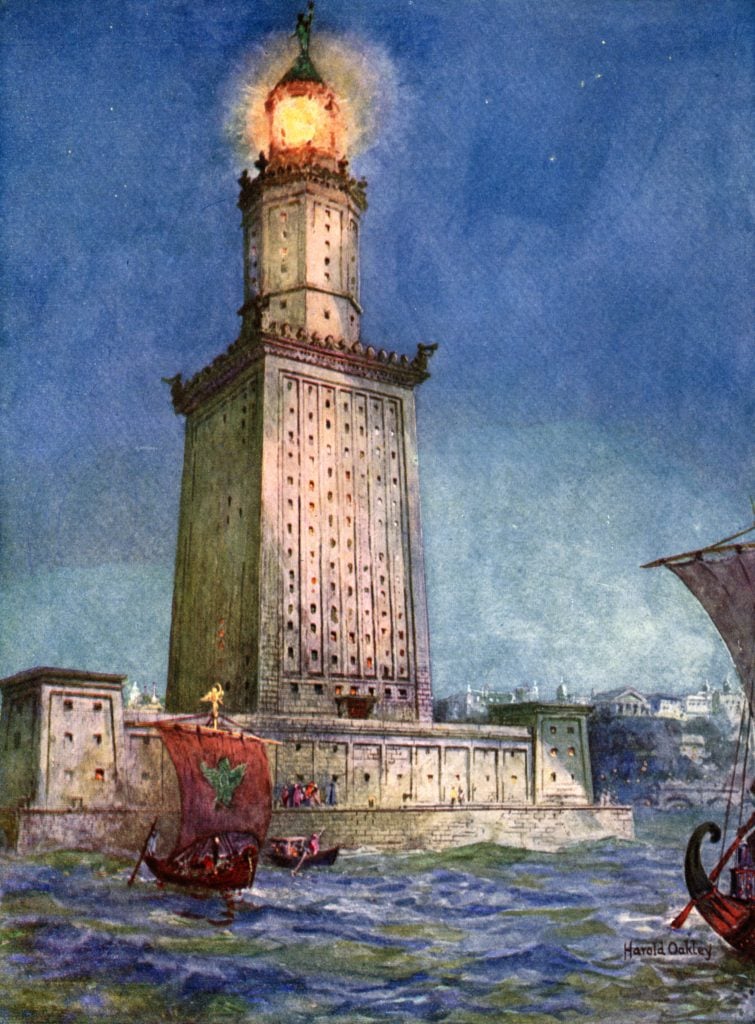 Illustration of the Lighthouse of Alexandria at night, glowing brightly with ships sailing nearby.