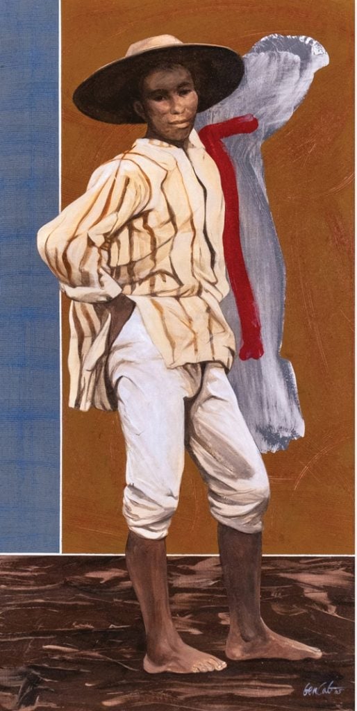 A full length portrait of a man in traditional garb, white trousers and striped shirt and wide brimmed sun hat, standing contrapposto against a flat plain of ochre with a strip of blue down the right side of the frame, featured in León Gallery September auction.