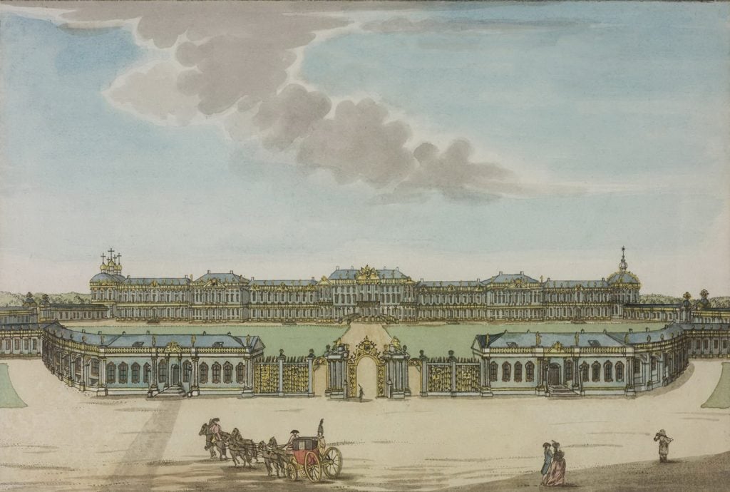 Vintage illustration of a vast palace complex, with a horse and carriage in the foreground