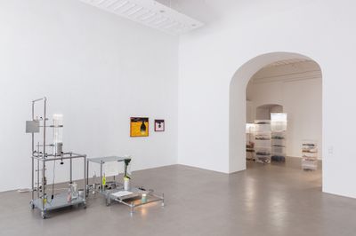 Left to right: Lazar Lyutakov, Richard Hawkins, Evelina Jonsson. Exhibition view: Play It As It Lays, Charim Galerie Wien, Vienna (17 September–19 October 2024).