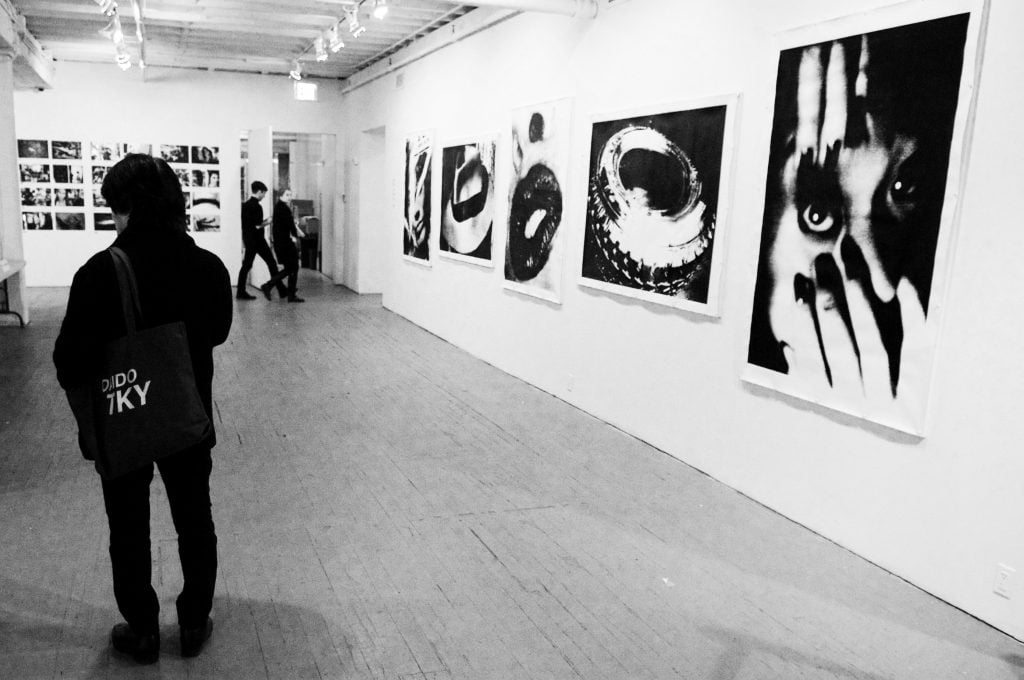 Black and white photographs by Daido Moriyama hanging in a gallery