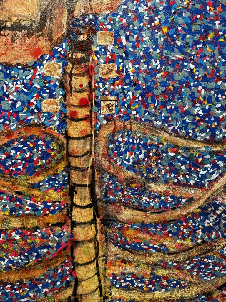 Close-up of a painting showing a skeleton's spine against a background of many colored dots