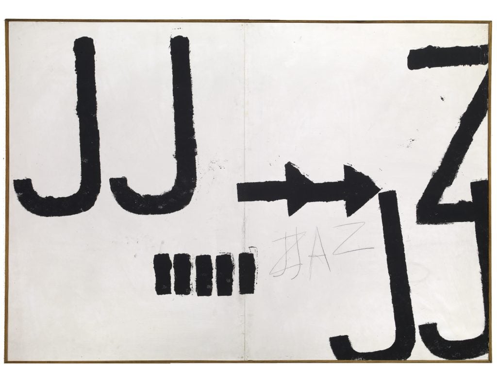 Painting by Arte Povera artist Jannis Kounellis of a white canvas with overside letters "J" and "Z" as well as two arrows and a series of vertical lines.