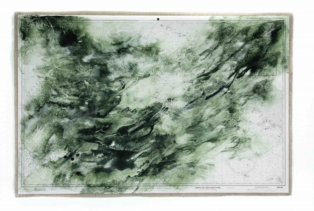 Abstract flowing green composition on cream paper by artist Melissa McGill.