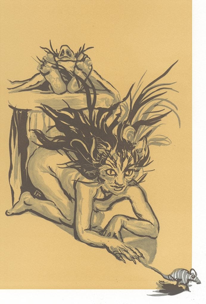 An artwork showing a mouse escaping from a woman who has the head of a cat, with a man sleeping in the background