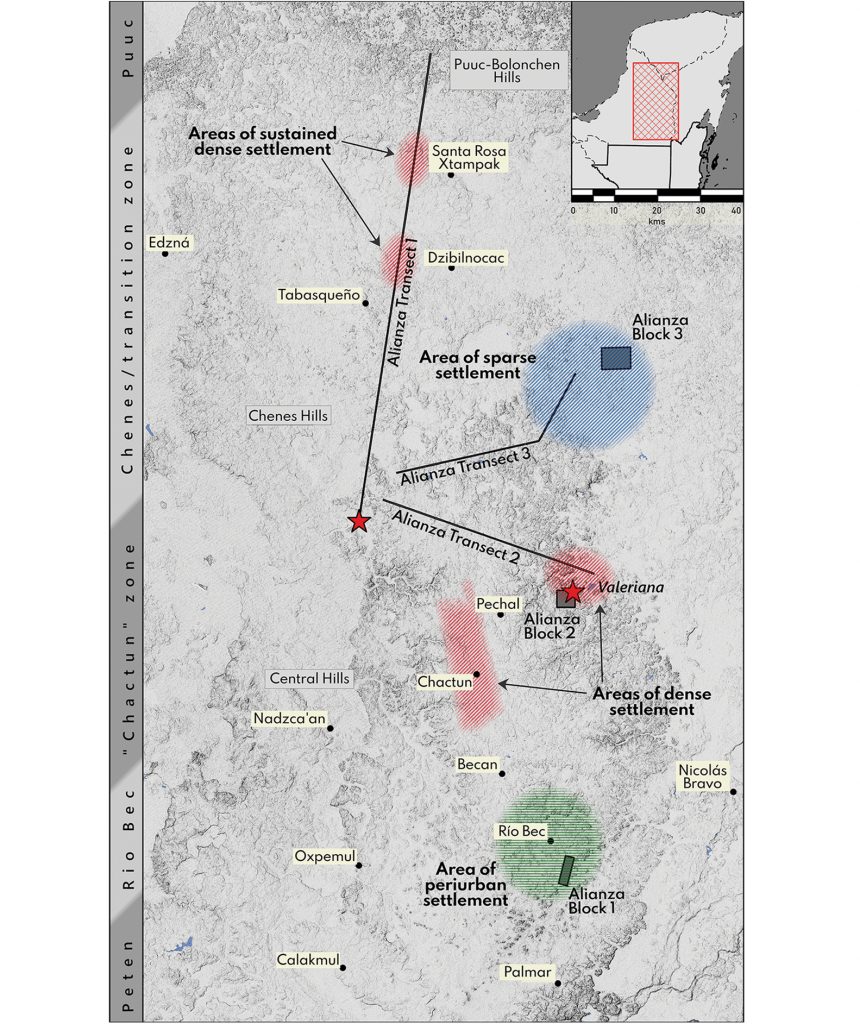 a black and white map showing the sites of interest from Maya times in the area around Valeriana