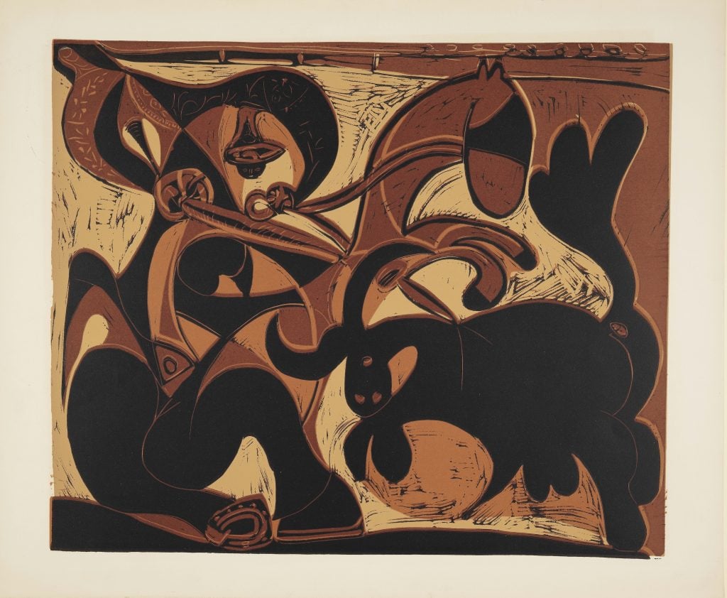 Abstract depiction of a figure and a bull-like animal in bold, curving shapes and deep earth tones, featuring sharp contrasts of black and ochre.