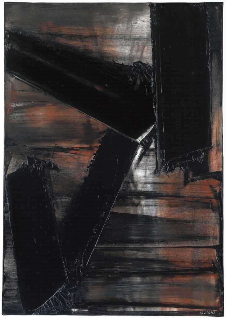 Abstract gestural painting by Pierre Soulages with four broad black big brushstrokes against a ground of sheer black, russet, and white.